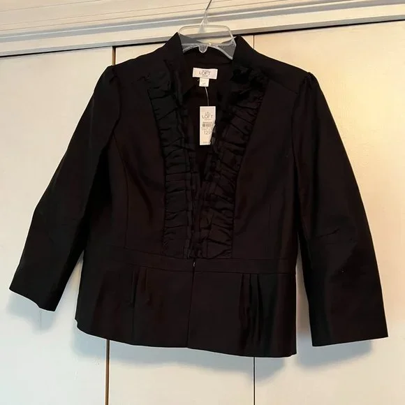 LOFT | Jackets & Coats | Nwt Loft Jacket Ruffle Front Fully Lined Black ...